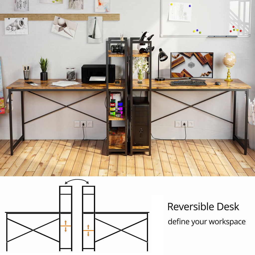 Computer Desk 55" with Power Outlet and Storage Shelves, Rustic Brown
