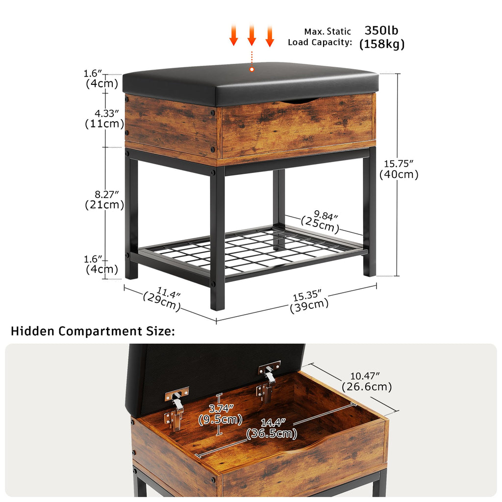 Shoe Storage Bench, Small Ottoman with Storage, Padded Seat, Brown