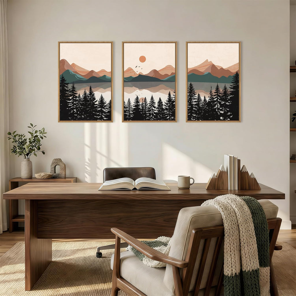 Boho Mountain Sunset Framed Canvas Wall Art Set,Colorful Mid Century Forest Wall Decor,Beige Nature Pine Tree Art