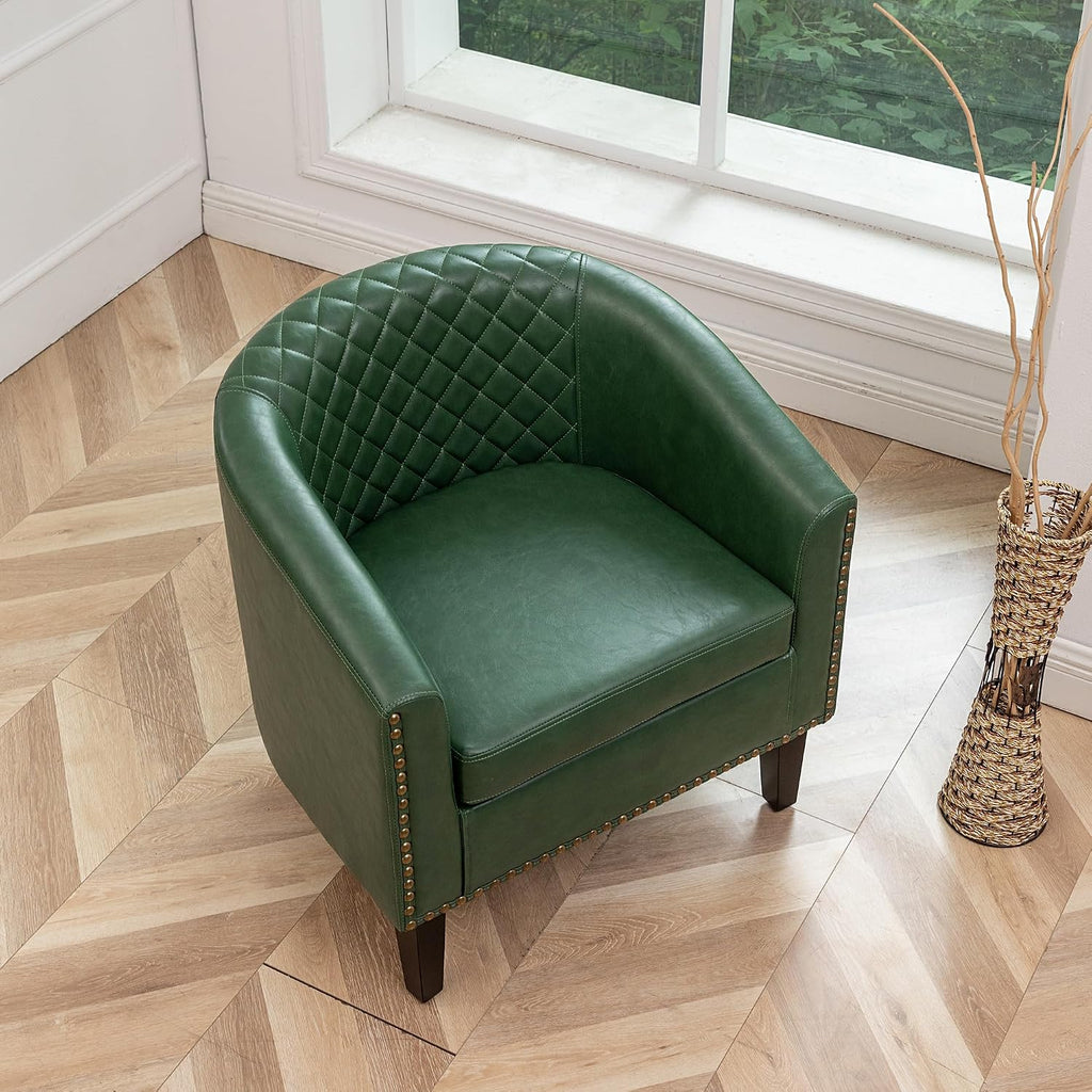 29" W Faux Leather Barrel Chair PU Tufted Accent Club Chair, Green