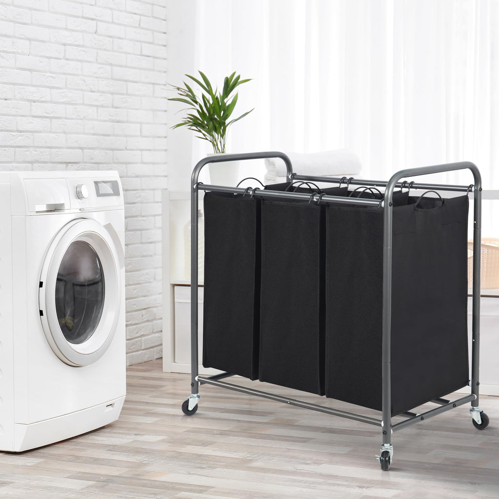 3 Section Laundry Sorter, Laundry Hamper with Wheels, Black