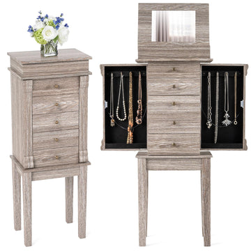 Standing Jewelry Cabinet, Flip Top Mirror, 5 Drawers & Swing Doors