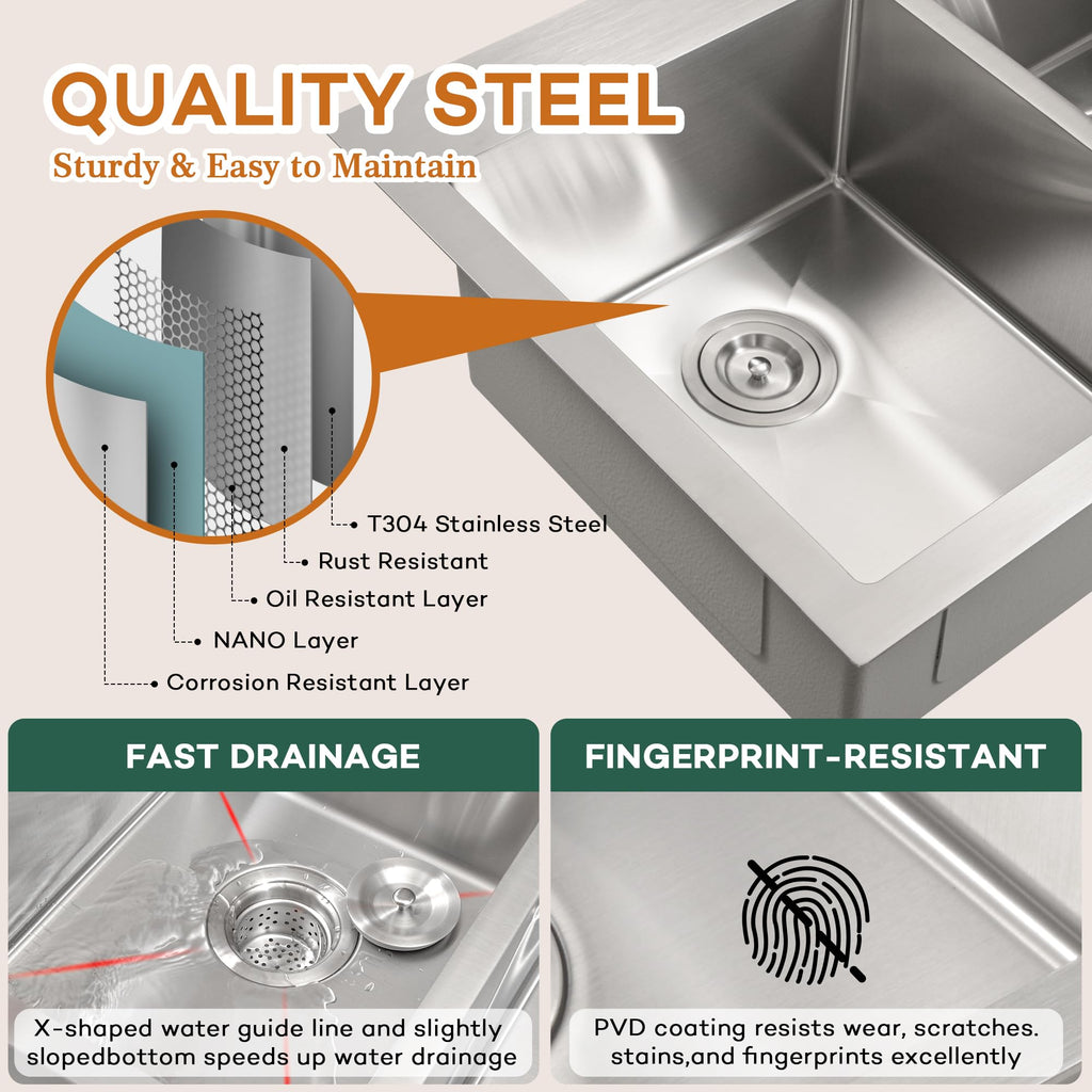 33''x22'' Drop In, 16-Gauge 50/50 Stainless Steel Double Sink 33 Inch, 9 Inch Depth Drop In Double Sinks with All