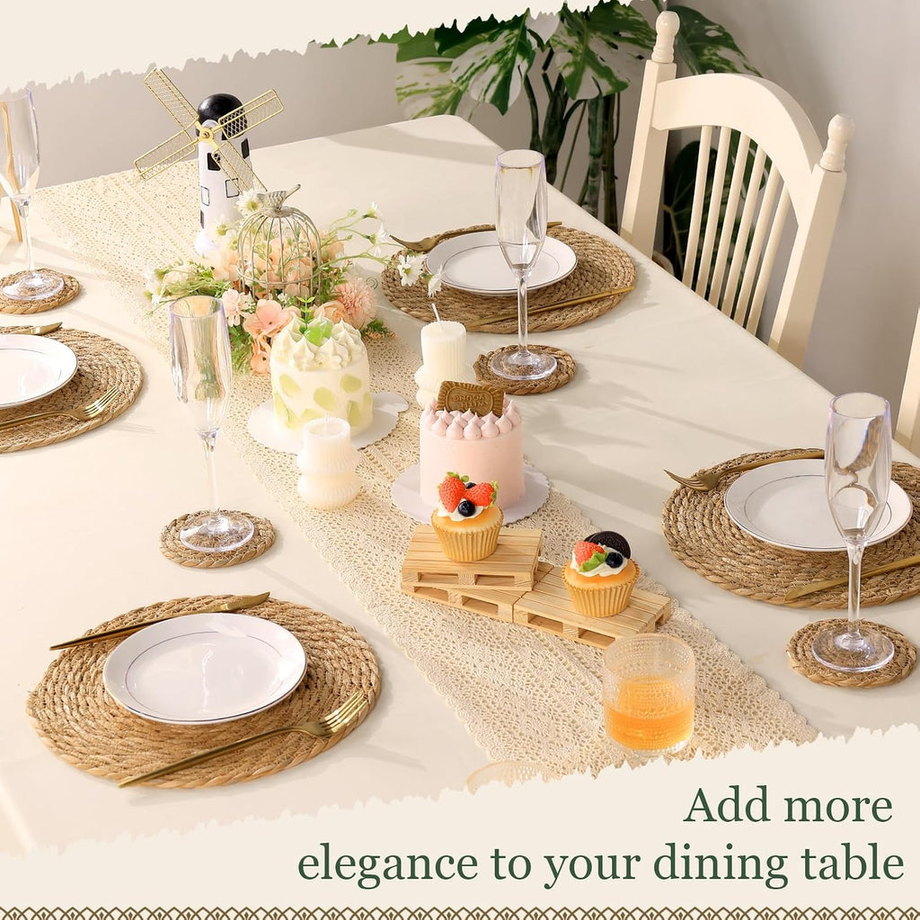 Round Woven Placemats 12 Inch with 6 Coasters 4 Inch Boho Natural Handmade Table Mats Table Decor Farmhouse - Set of 6