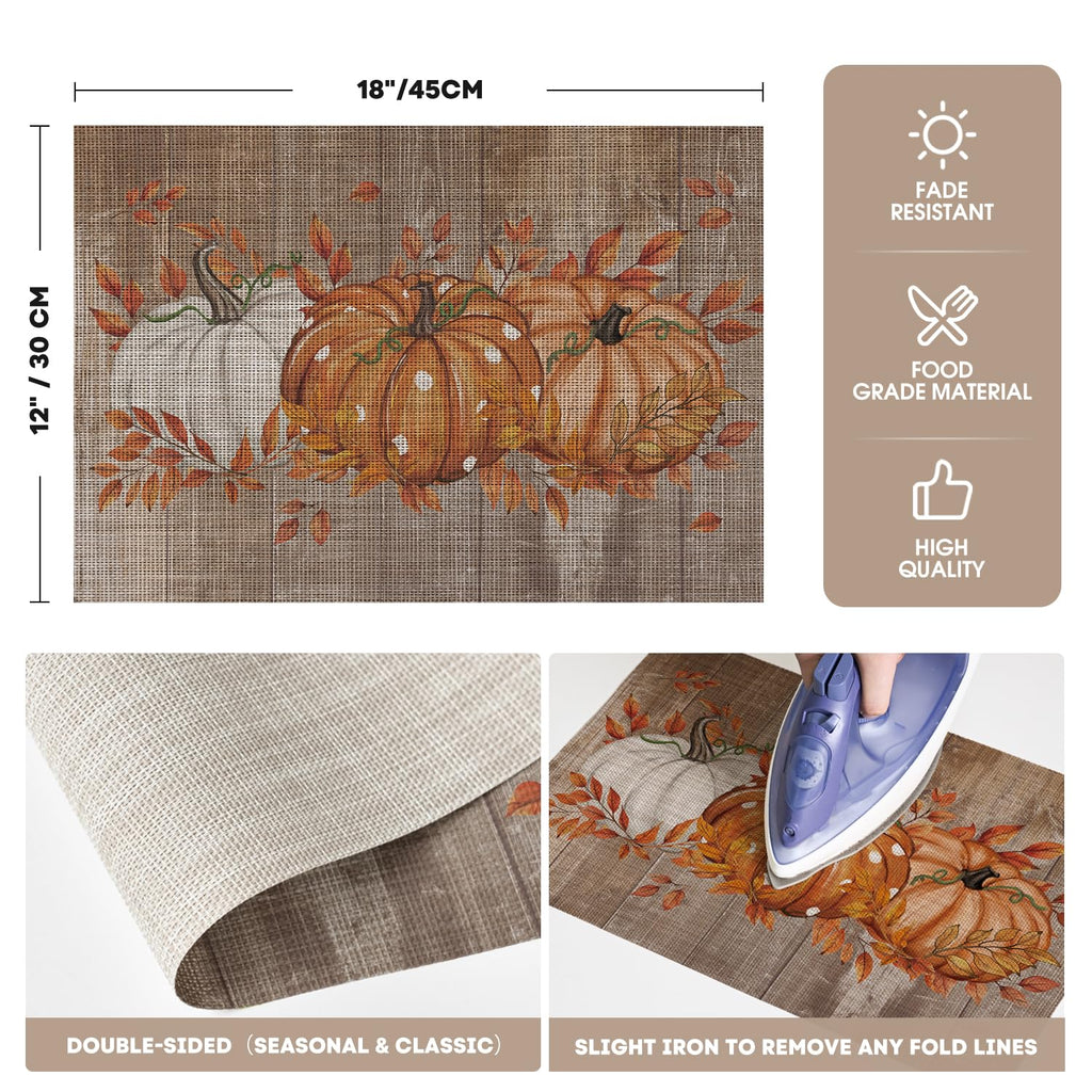 Wood Pumpkin Leaves Fall Vinyl Placemats Set of 6, Wipeable Woven PVC Table Mats for Thanksgiving Farmhouse Party