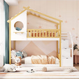 Wood Twin House Bunk Bed with Stairs, Kids Twin Bed Frame with Window and Roof