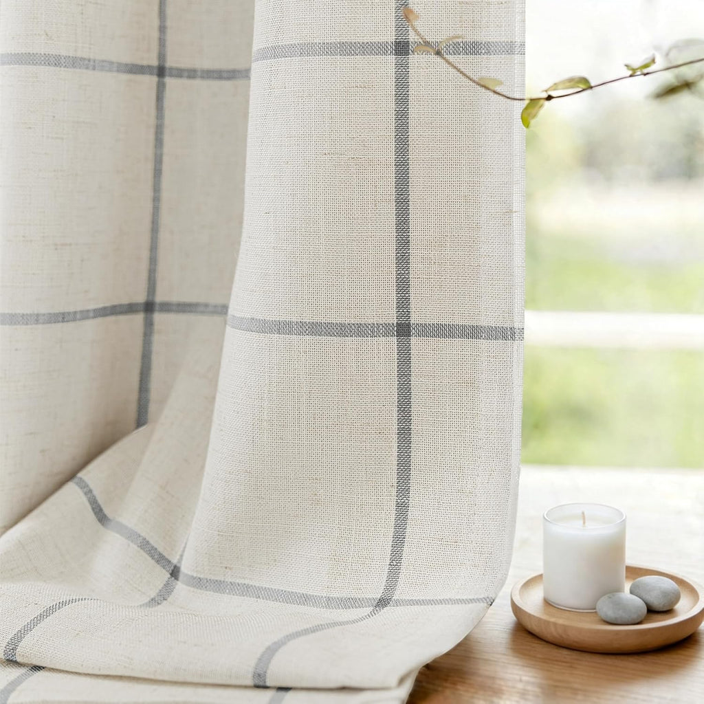 100% Blackout Plaid Linen Curtains 2 Panels Gray