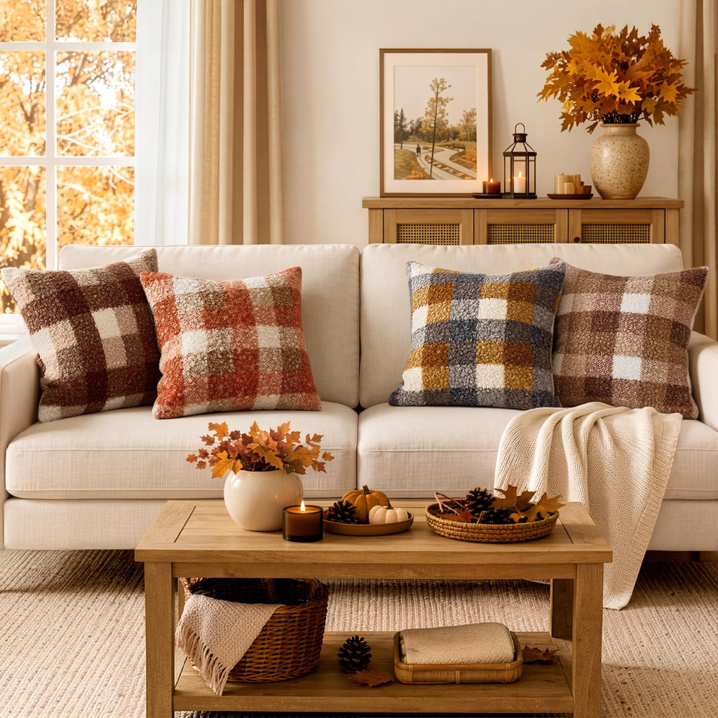 Fall Plaid Pillow Covers Boucle Orange 18x18 Set of 2