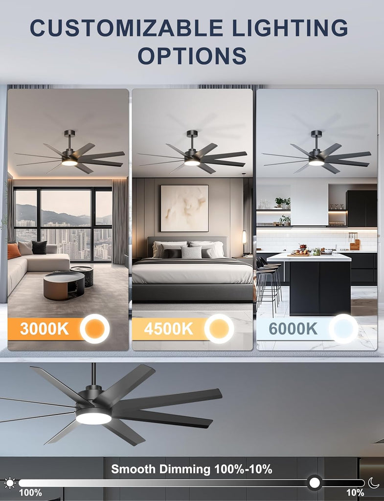 60'' Ceiling Fan with Light - Modern Black 8 Blades Ceiling Fan Remote/APP Control, Dimmable, DC Motor Outdoor Fan