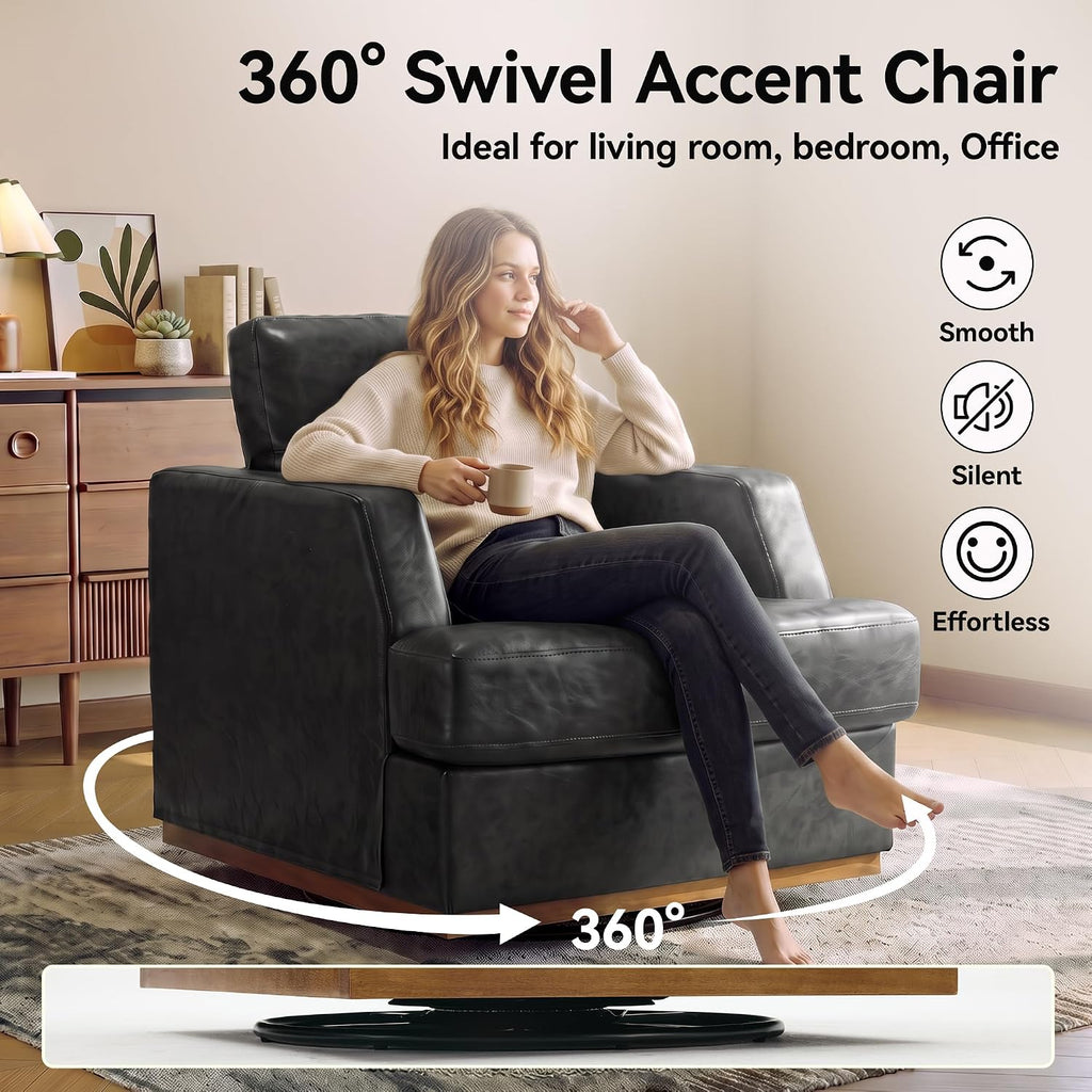 Swivel Accent Chair, 360° Rotatable Square Barrel Chair, Comfy Deep Seat Leather Upholstered Living Room Chairs