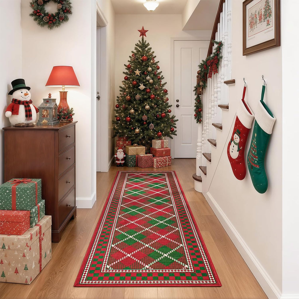 Christmas Runner Rug, Red Green Checkered Rugs with Low Plie Non-Slip Backing, Washable Stain-Resistant Plaid