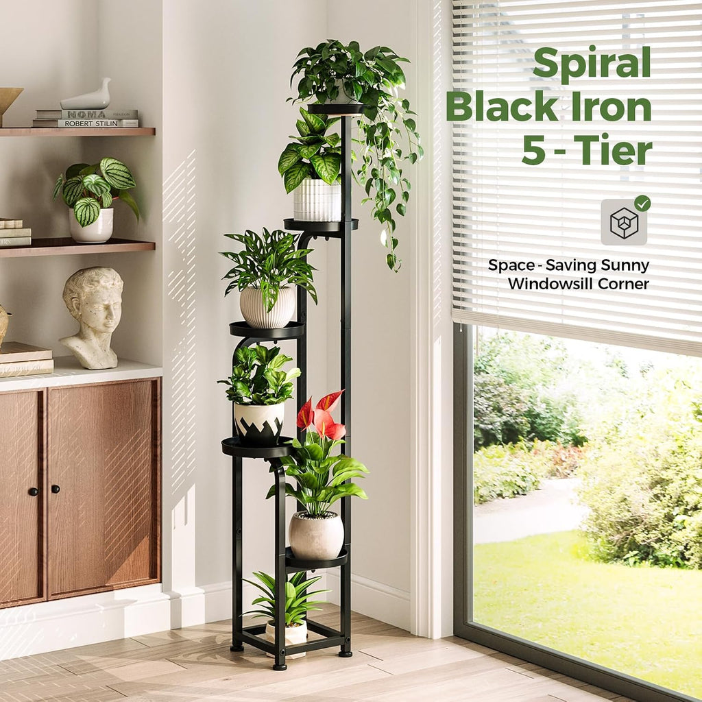 Tall Plant Stand Indoor Outdoor Corner Metal Flower Pot Stands | 5 Tier Black Heavy Duty Plant Shelf for Multiple