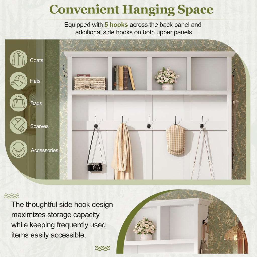 Farmhouse Hall Tree with Storage Bench, Mudroom Coat Rack with 6 Hooks, Modern All-in-One Entryway Organizer with