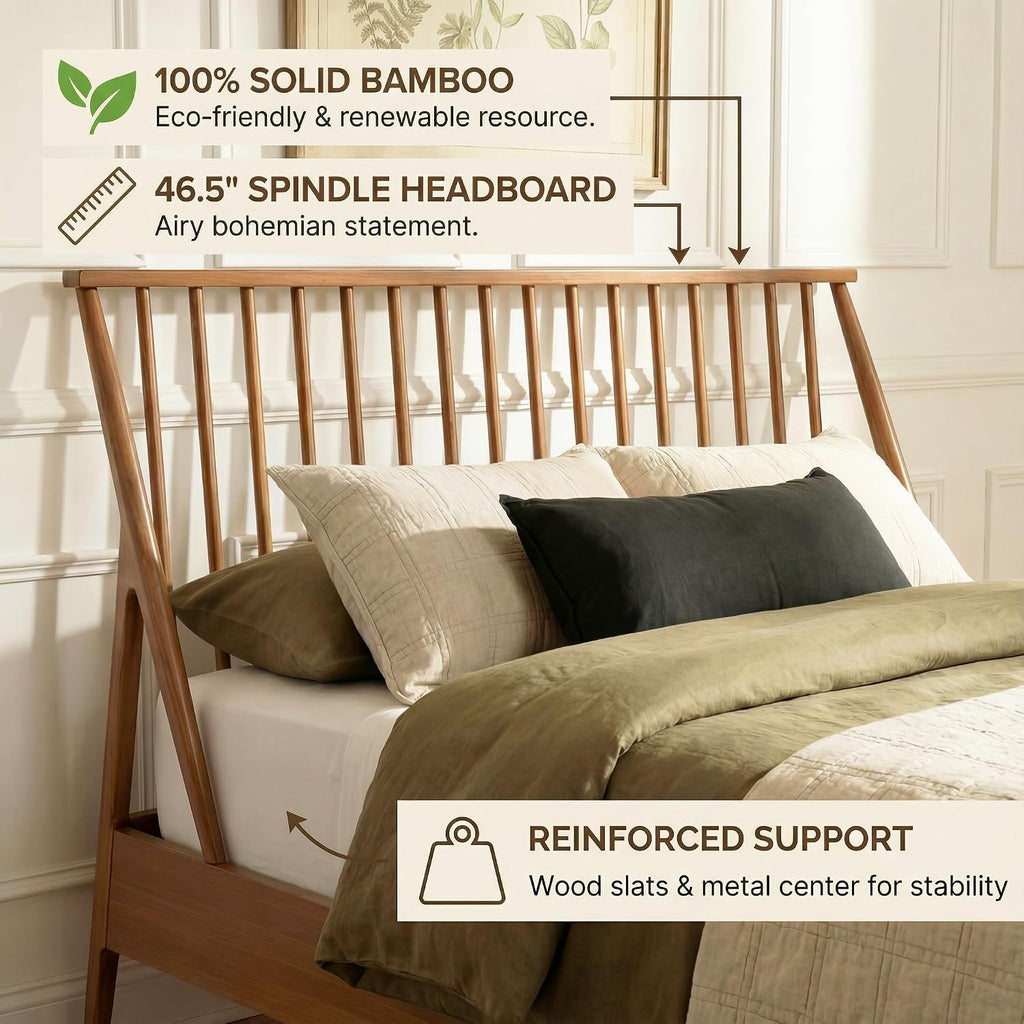 Queen Solid Bamboo Wood Spindle Platform Bed with 46.5" Tall Headboard, Bohemian Bed Frame with Wooden Slats and