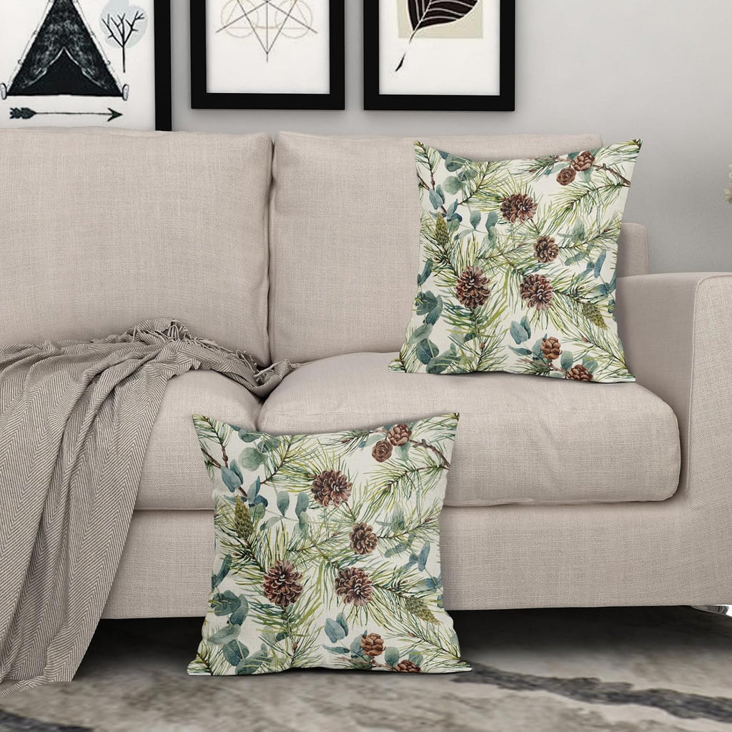 Winter Floral Pillow Covers 18x18 Inch , Green Watercolor Flower Leaf Print Rustic Themed Christmas - Set of 2