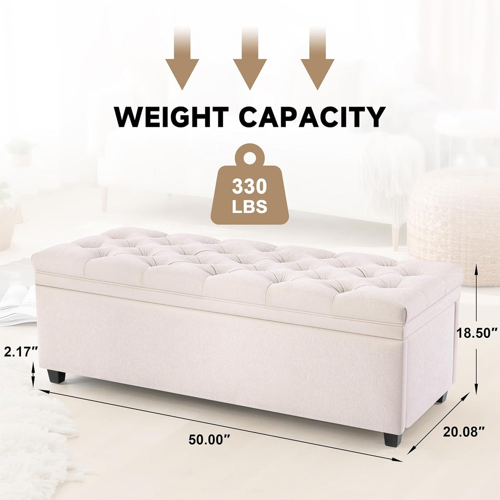 50 Inch Large Storage Ottoman, Tufted Ottoman with Storage | End of Bed Ottomans , Modern Entryway Benchs