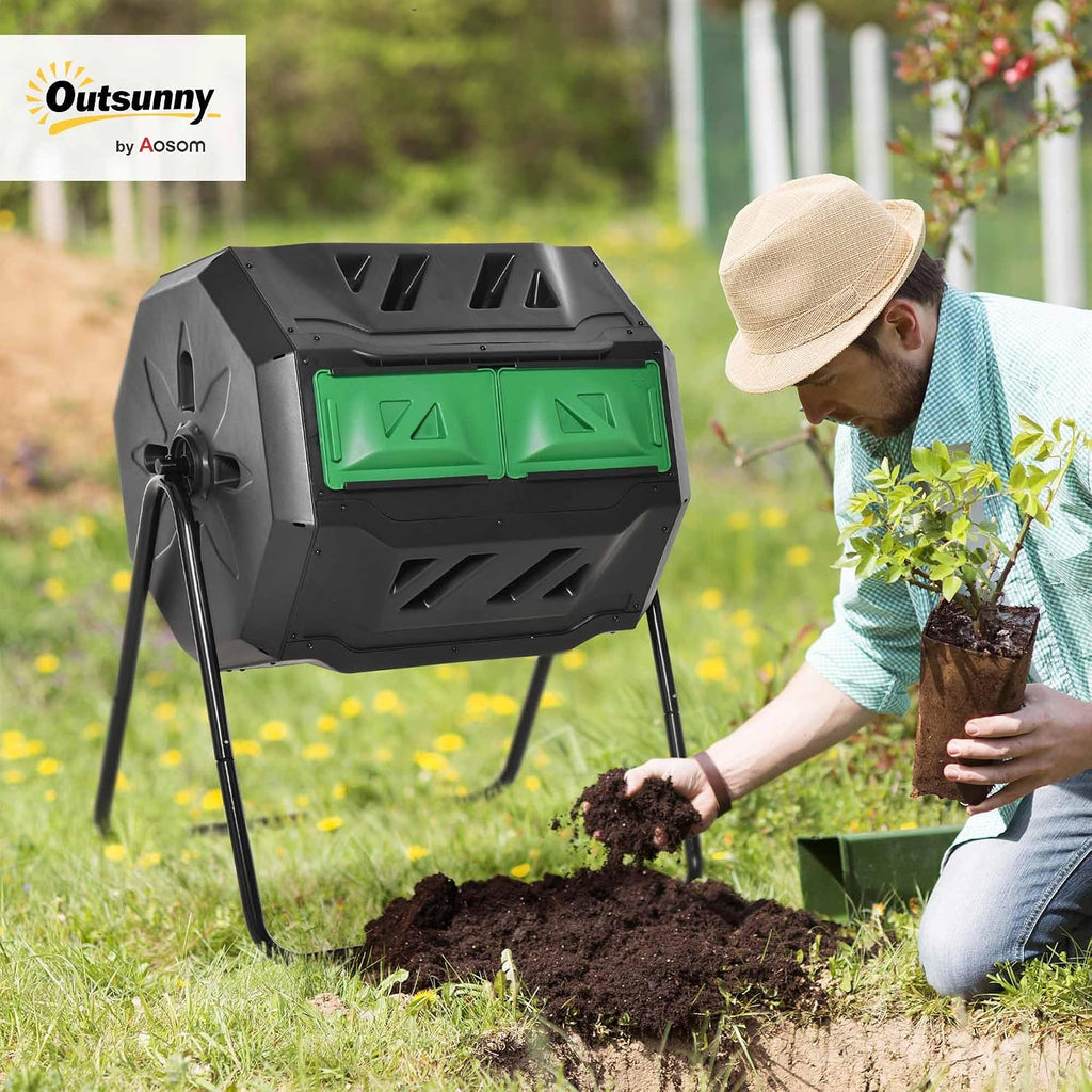 Tumbling Compost Bin 360° Dual Chamber 43 Gallon, Green | Outdoor, Rotating Composter