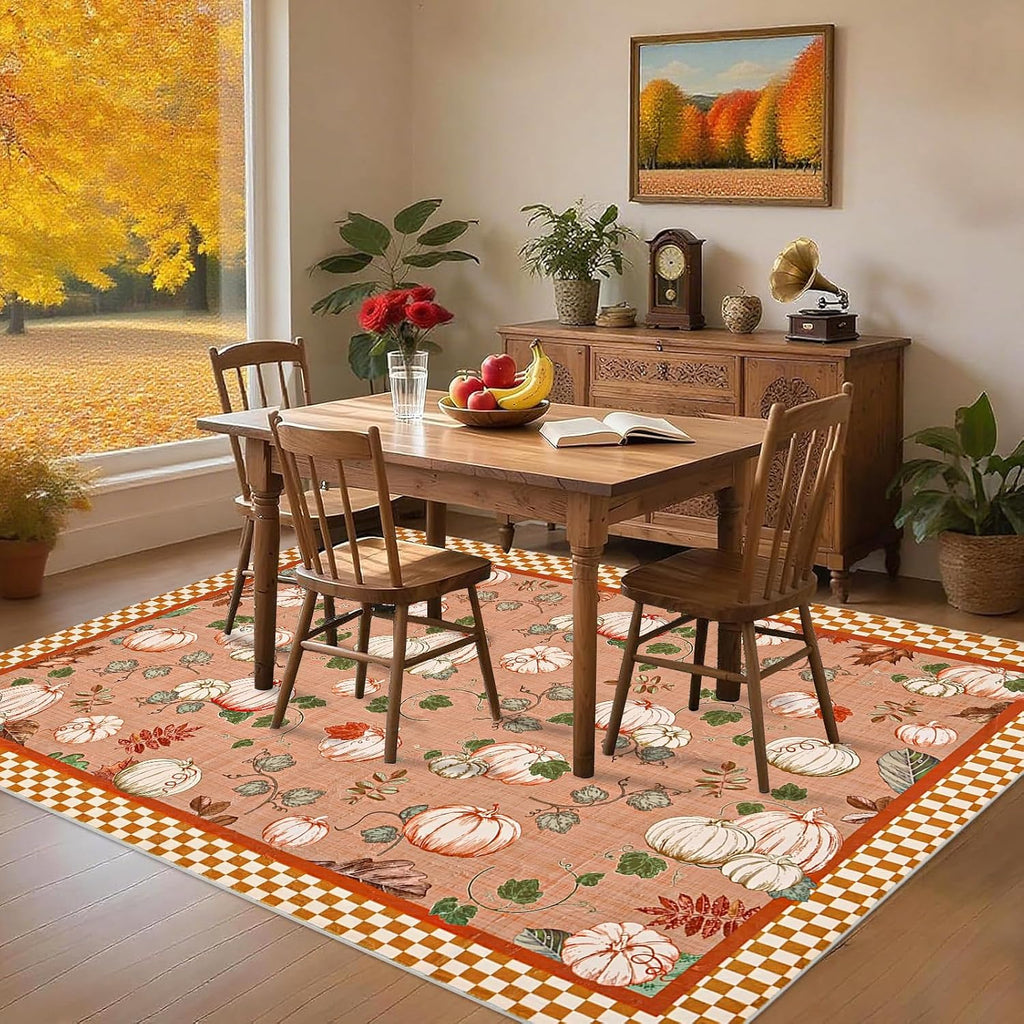 Fall Area Rugs Rug, Thanksgiving-Washable-Rugs-Non Slip Pumpk Rug Low Pile Floor Carpet with Checkered Edge