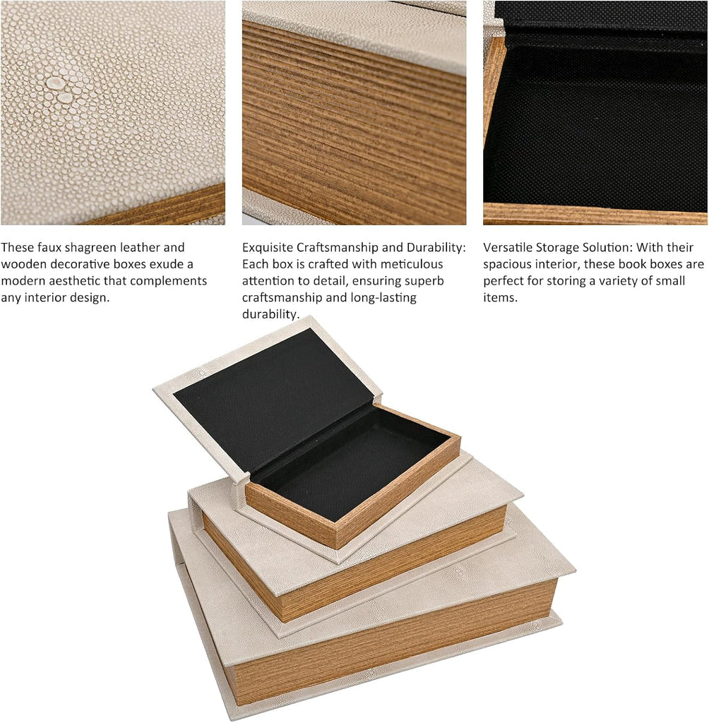 Modern Faux Shagreen Leather Decorative Book Boxes Set of 3 - Wooden Book Shaped Hidden Storage Boxes Decor, Coffee