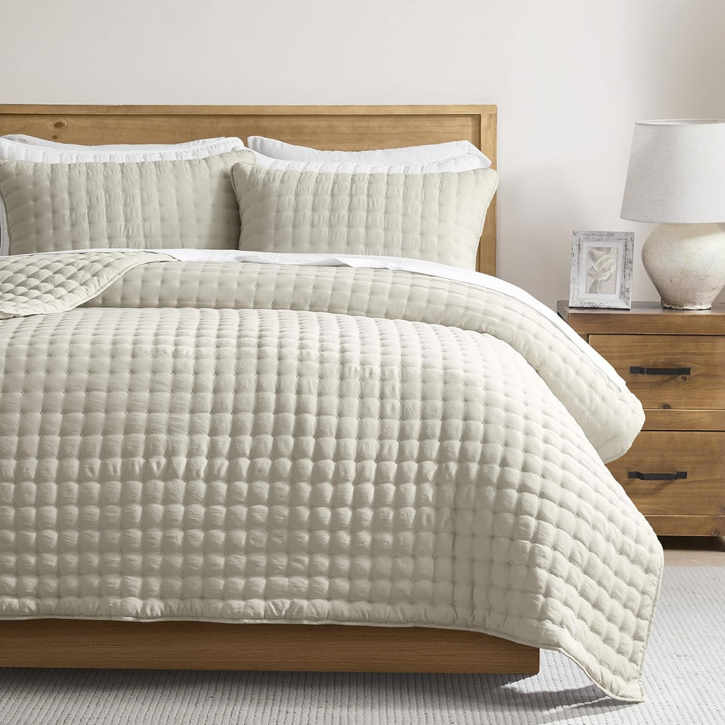 Beige Queen Quilts Bedding Sets with 2 Pillow Shams, Neutral Lightweight Soft Bedspread Coverlet, Quilted Blanket