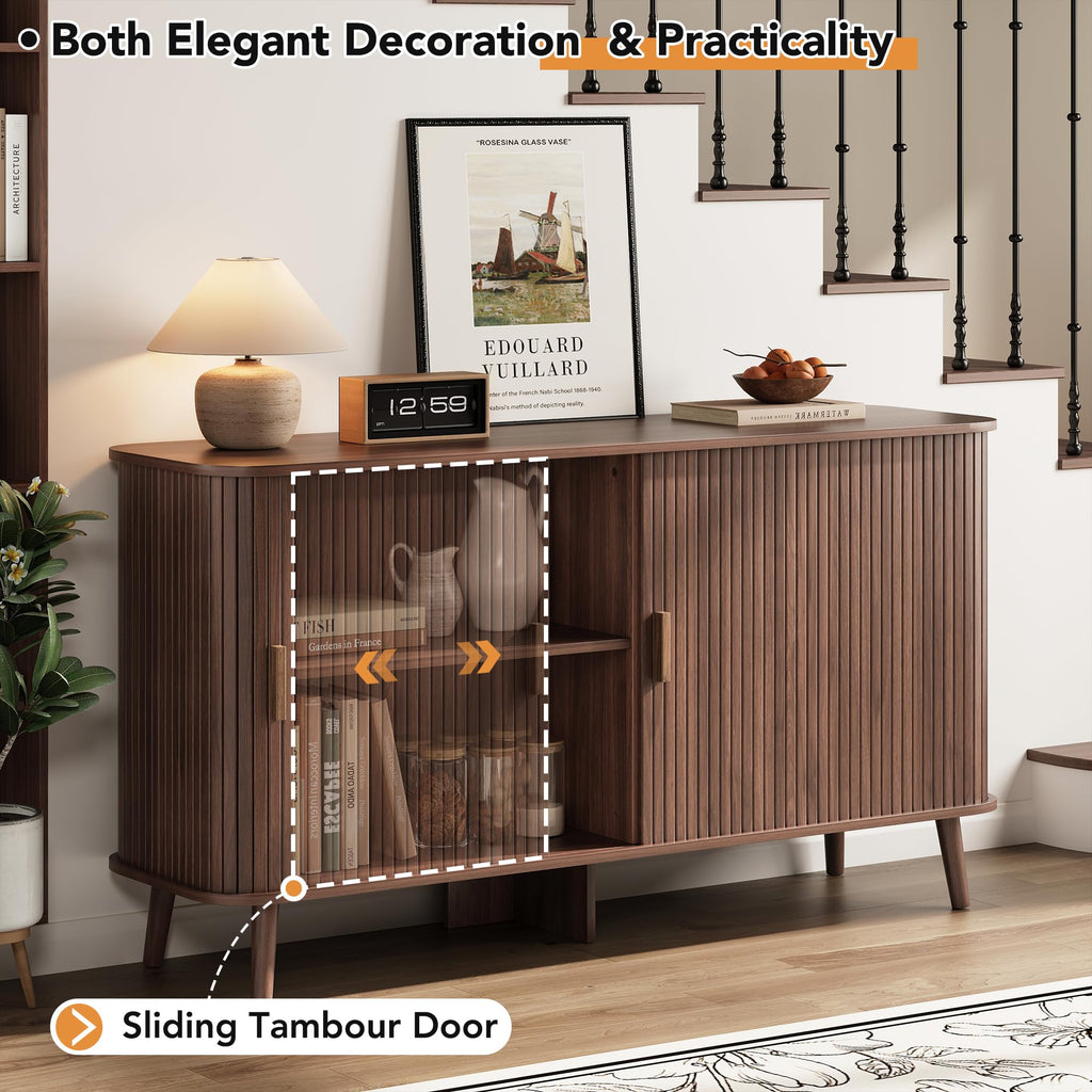 55" Fluted Sideboard Buffet Cabinet with Sliding Door, Mid-Century Modern Wood Sideboard, Adjustable Shelf, Coffee