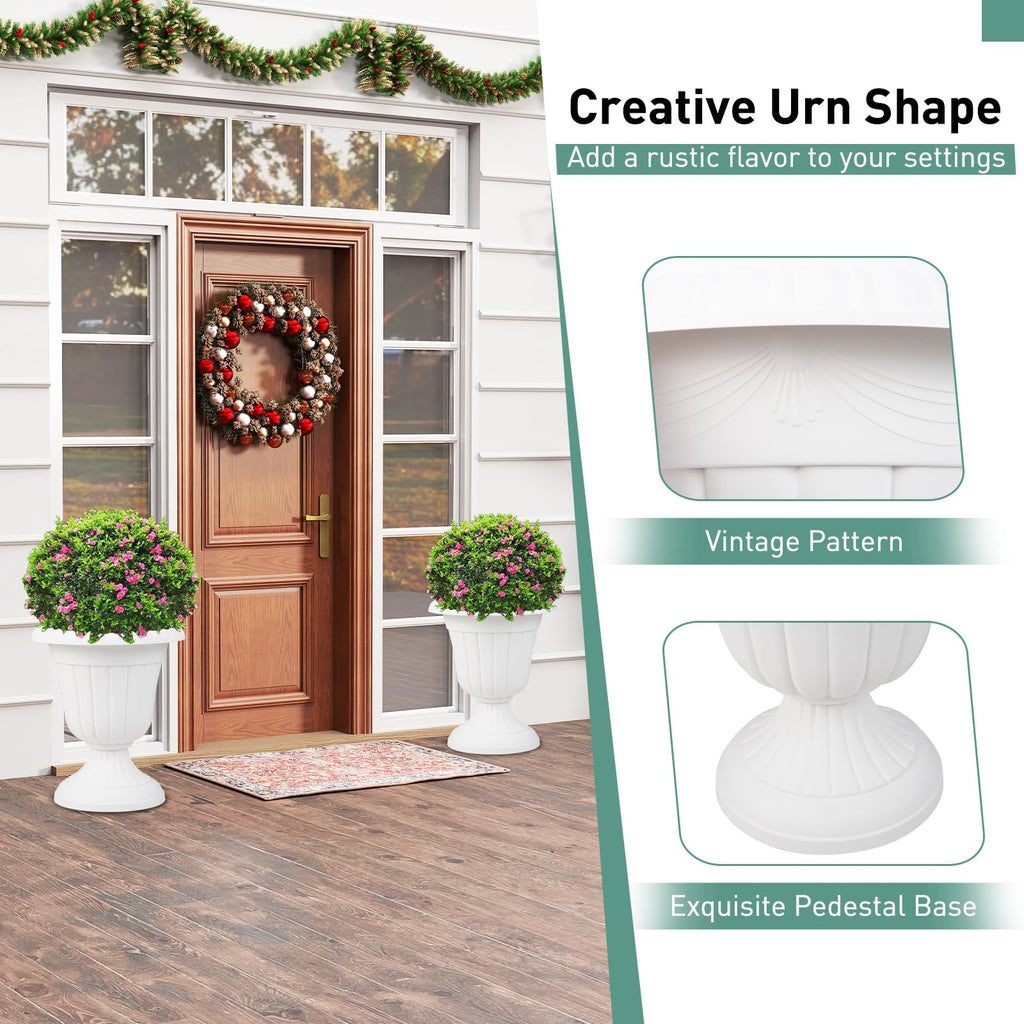 18" Tall Vintage Planters Set of 2, Urn Plastic Flower Pots with/Pedestal Base & Pre-Marked Drain Hole, Indoor
