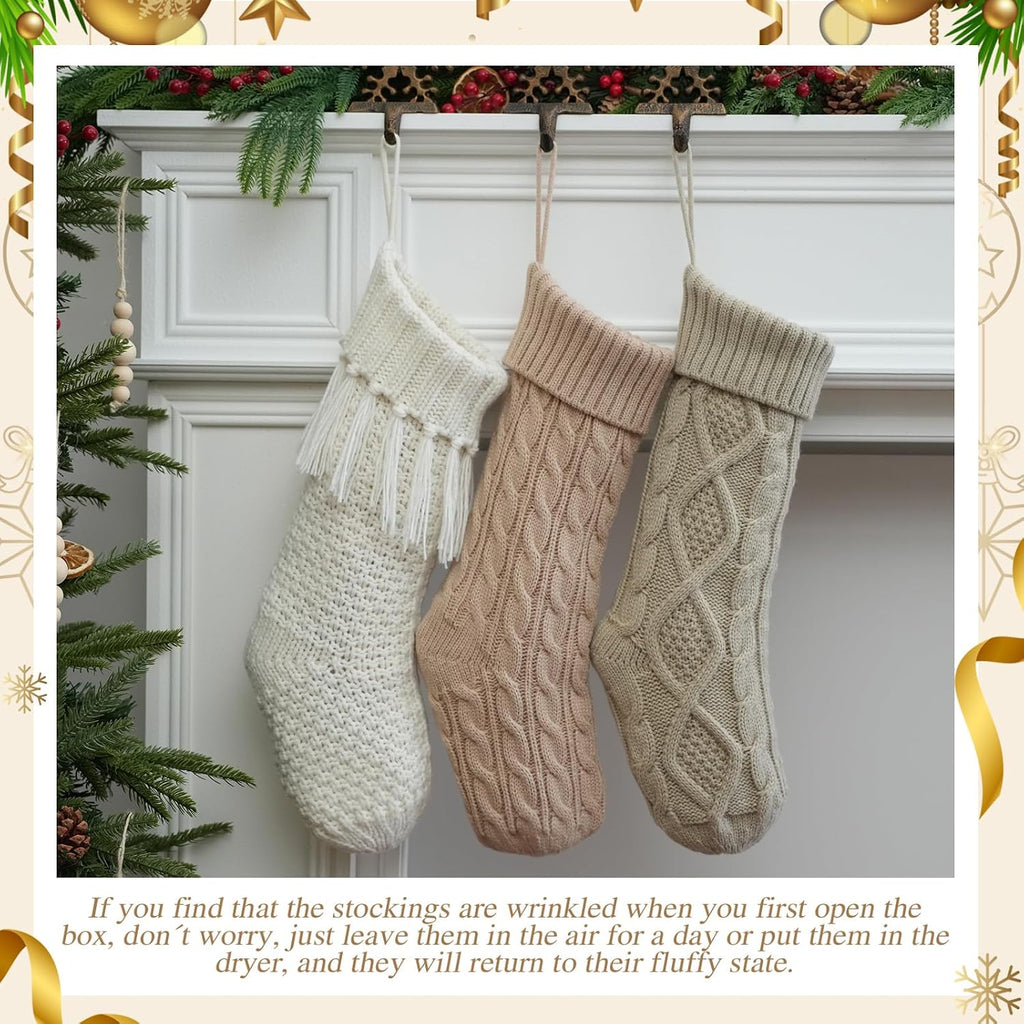 3 Pack Neutral Farmhouse Christmas Stockings - Large 18" Rustic Boho Vintage Cable Knit Holiday Stockings in White