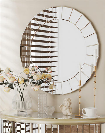 Round Decorative Mirror Silver: Sunburst Crystal Frame 31.5 inches