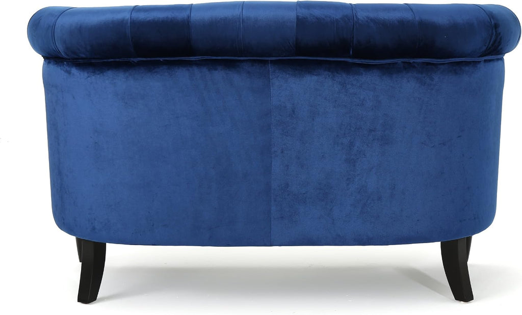 Milani Tufted Scroll Arm Velvet Loveseat, Navy Blue / Dark Brown