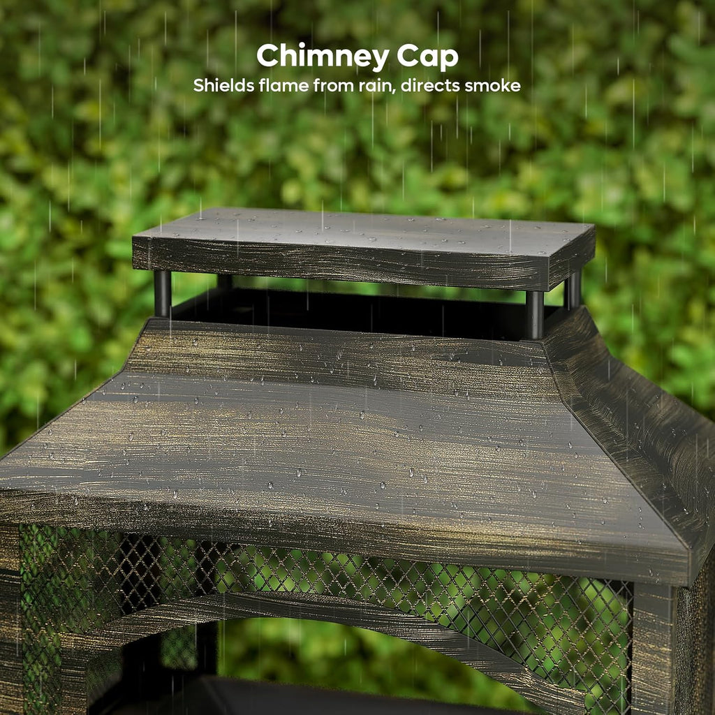 37" Fire Pits, Wood Burning Fireplace for Outside Rectangular Chiminea Outdoor Firepits with Poker, Wood Storage