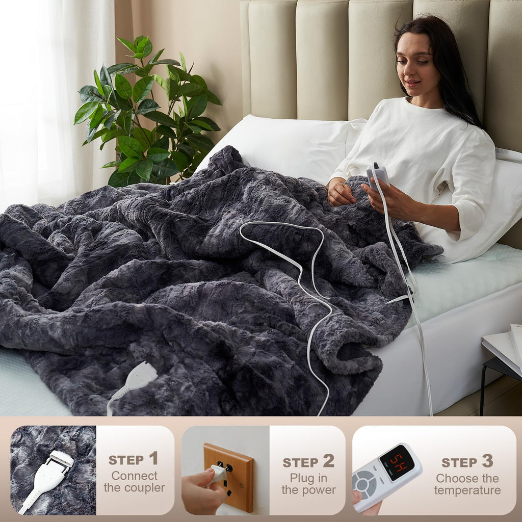 Heated Blanket Throw, Soft Electric Blanket 50x60in, Grey