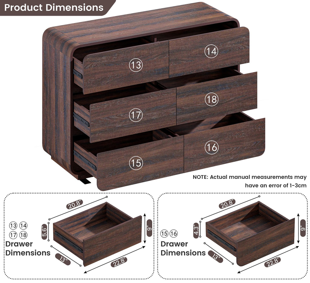 Walnut 6 Drawer Dresser, Curved Chest of Drawers, 47 Inch Wide Dresser with Deep Drawers, Modern Drawer Closet s