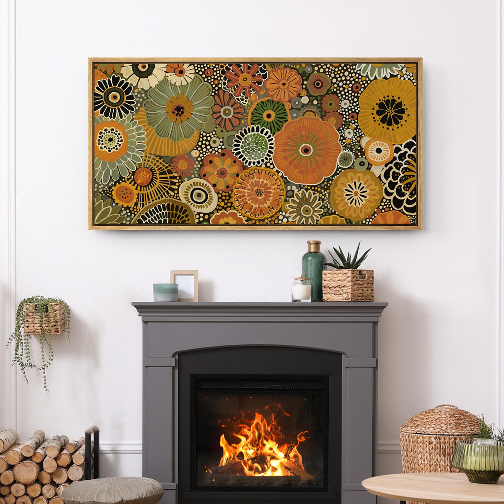 Extra Large Framed Canvas Print Wall Art Retro Floral Pattern Colorful Mid-Century Modern Floral Vibrant Botanical