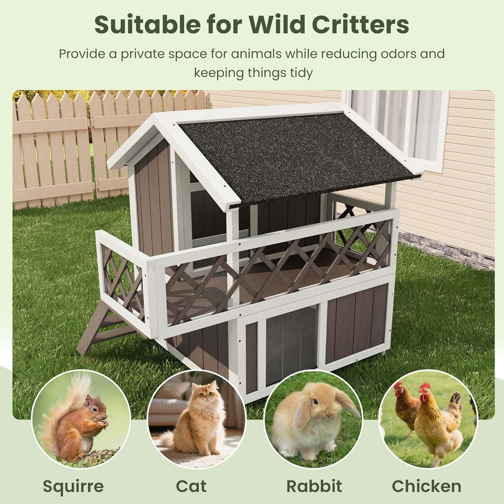 Weatherproof 2-Story Outdoor Cat House with Balcony - Multi-Level Wooden Condo - Escape Door - Removable Asphalt Roof