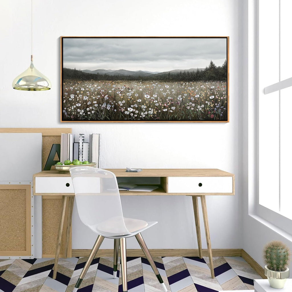 Vintage Framed Floral Landscape Wall Art - Large Nature Artwork Above Bed Wall Decor - Farmhouse Mountain Pictures