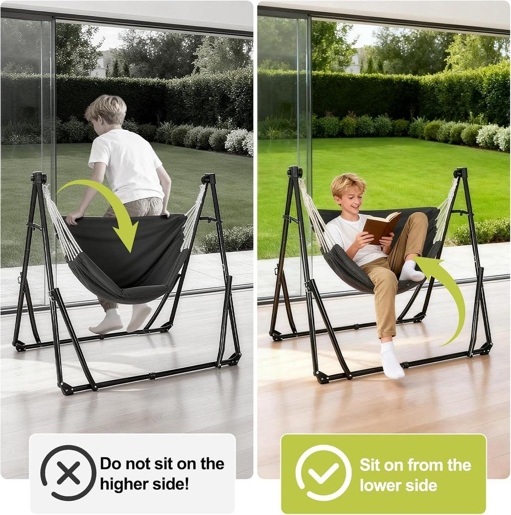 2-in-1 Hammock Chair with Stand, Portable Hammock, Black | Adjustable swing chair for teens with heavy-duty steel