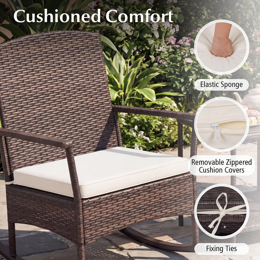 3 Pieces Rocking Wicker Bistro Set, Outdoor Front Porch Rocker Chairs Conversation Set with 2-Tier Tempered Glass