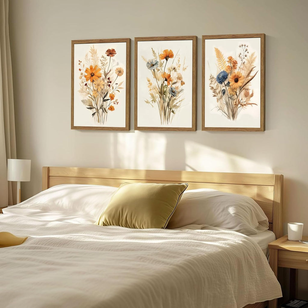 Vintage Wildflower Framed Canvas Wall Art Set of 3 - Rustic Botanical Floral Pictures Prints Bedroom Bathroom, Retro