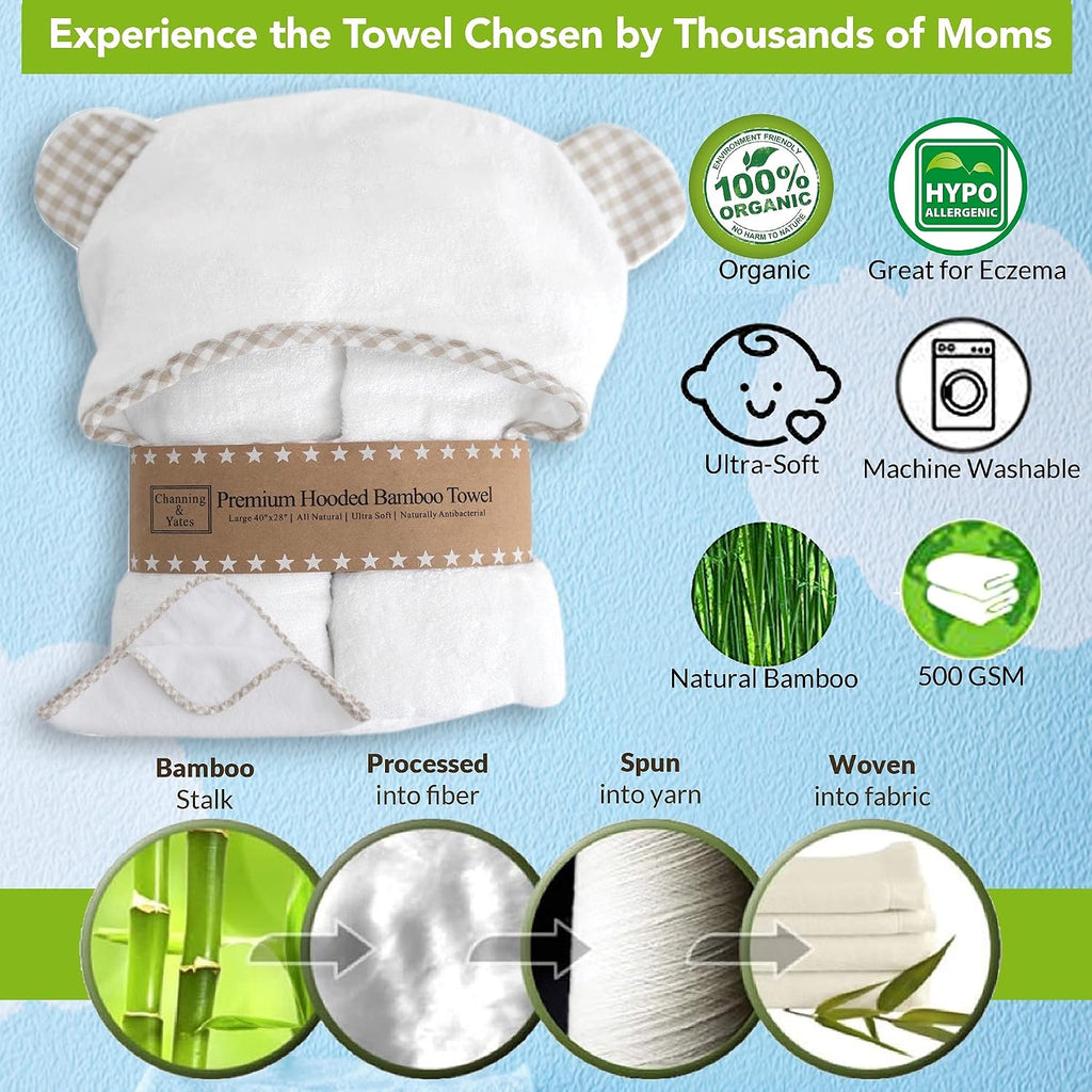 Premium Organic Baby Towel Set - Soft Viscose Bamboo Hooded Towel & Washcloth - Girl & Boy Bath Essentials