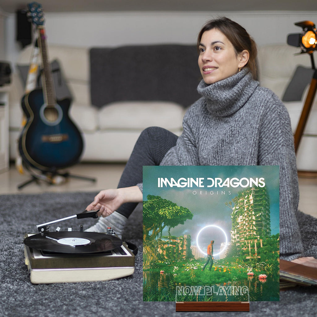 Now Playing Vinyl Record Stand, Light up Record Holder, Wooden Acrylic Display with Warm White Lights for Albums