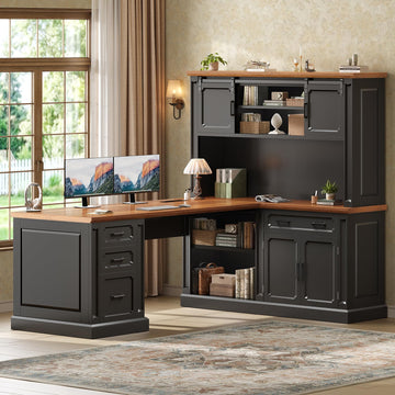 67" Farmhouse Executive L Shaped Desk with Hutch & Storage