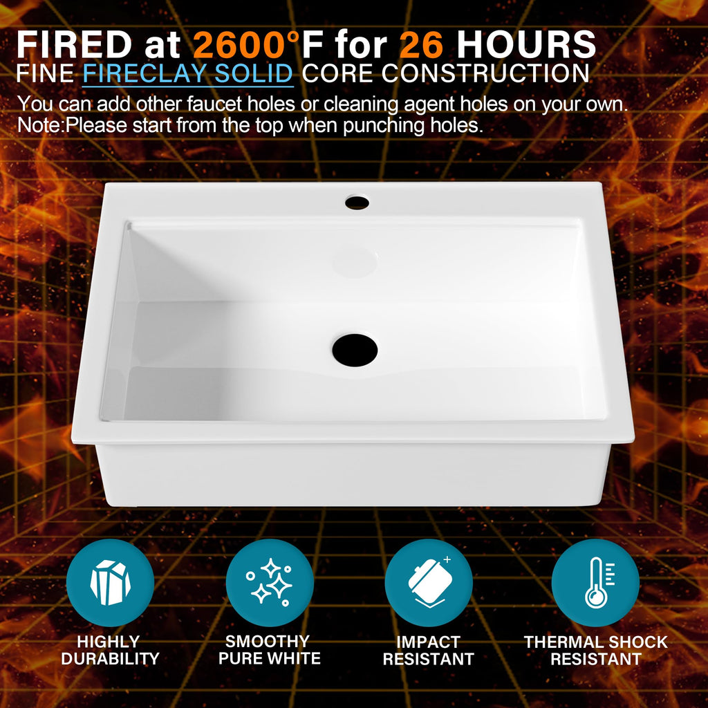 33" x 22" Drop In Fireclay Workstation Kitchen Sink White 1 Hole