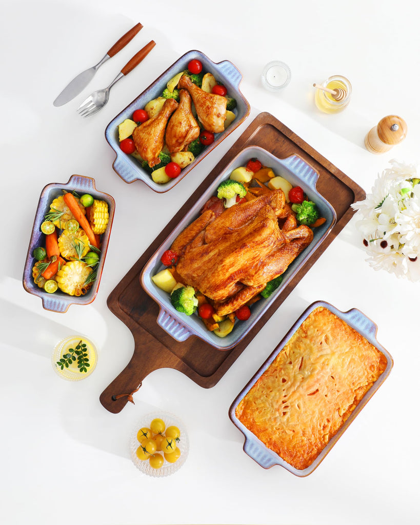 Ceramic Casserole Dishes for Oven, Reactive Glaze Baking Dishes Set of 4, Deep Rectangular Lasagna Pans with Handles