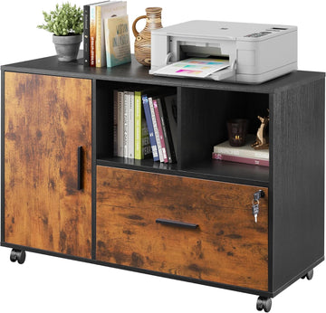 Printer Stand with Storage, Mobile Wood File Cabinet, Rustic Brown | Locking & Rolling, Lateral Filing Cabinet, Doors