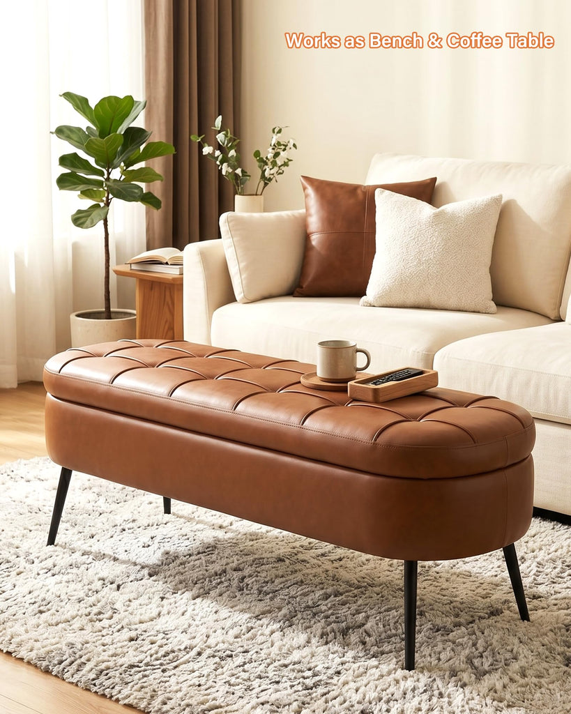 Storage Bench, 43.7" Leather Storage Ottoman Bench with Hinge, Brown
