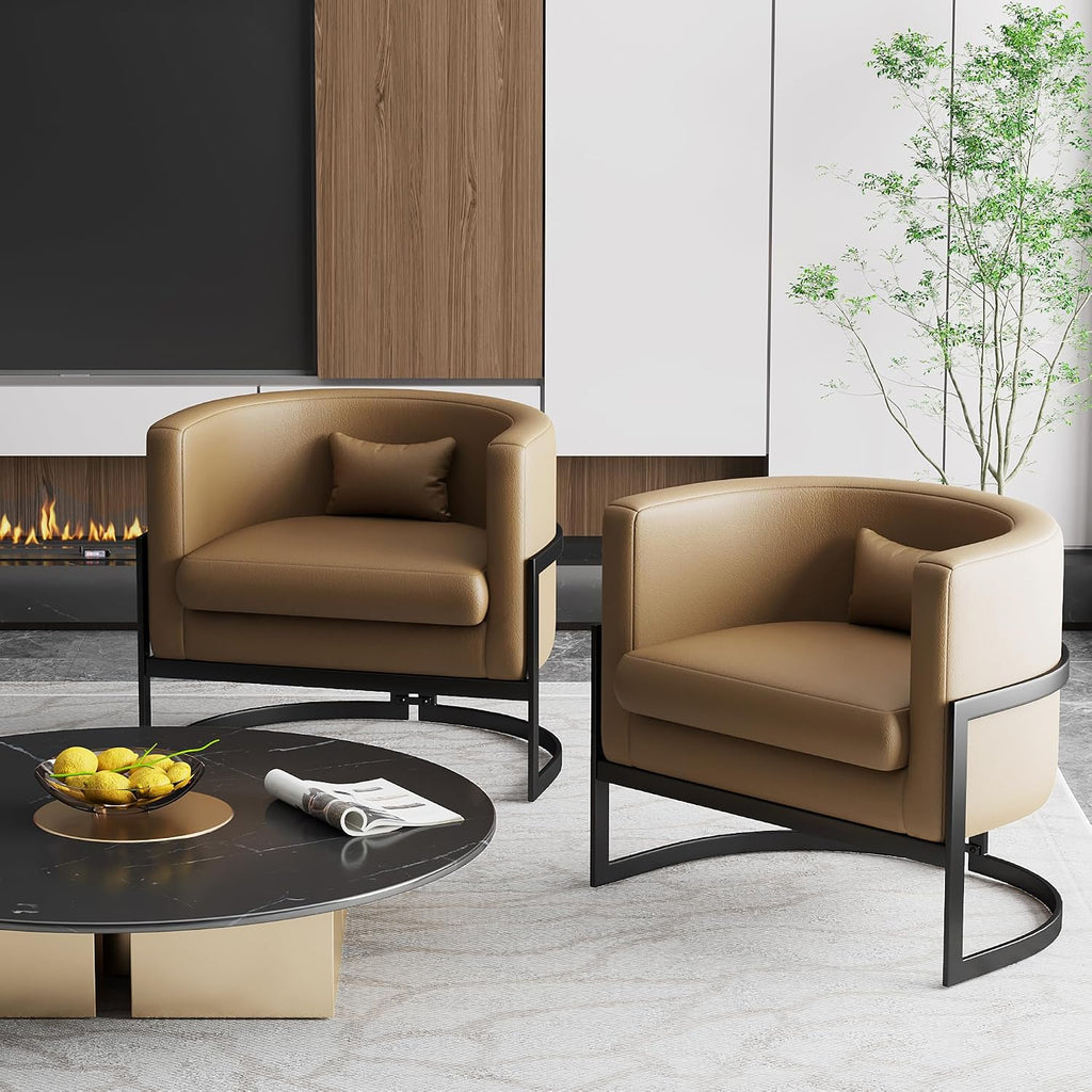 Upholstered Modern Living Room Chairs Barrel Accent Chair, Faux Leather Armchair Mid Century Lounge Chair Anti