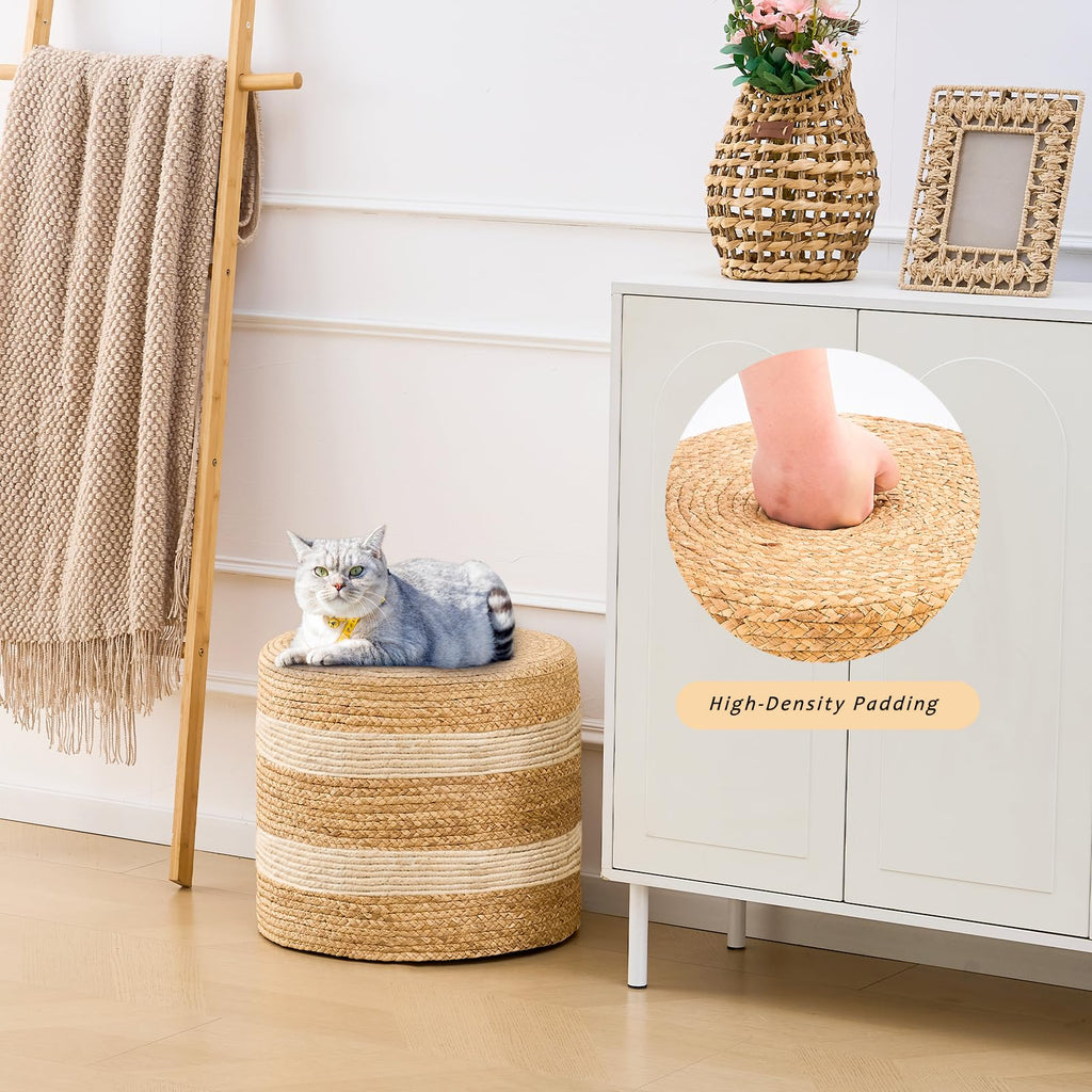 Handwoven Ottoman Pouf, Natural Water Hyacinth Footstool, Round Braided Outdoor Seat with Sturdy Frame, Boho Accent