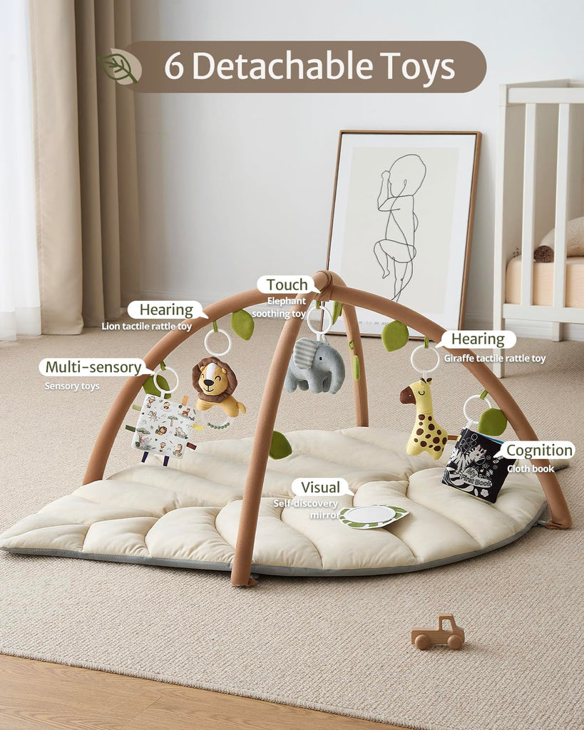 Play Gym & Activity Mat, Leaf Shaped Baby Tummy Time Play Mat with 6 Detachable Toys, Promotes Motor Skills & Sensory