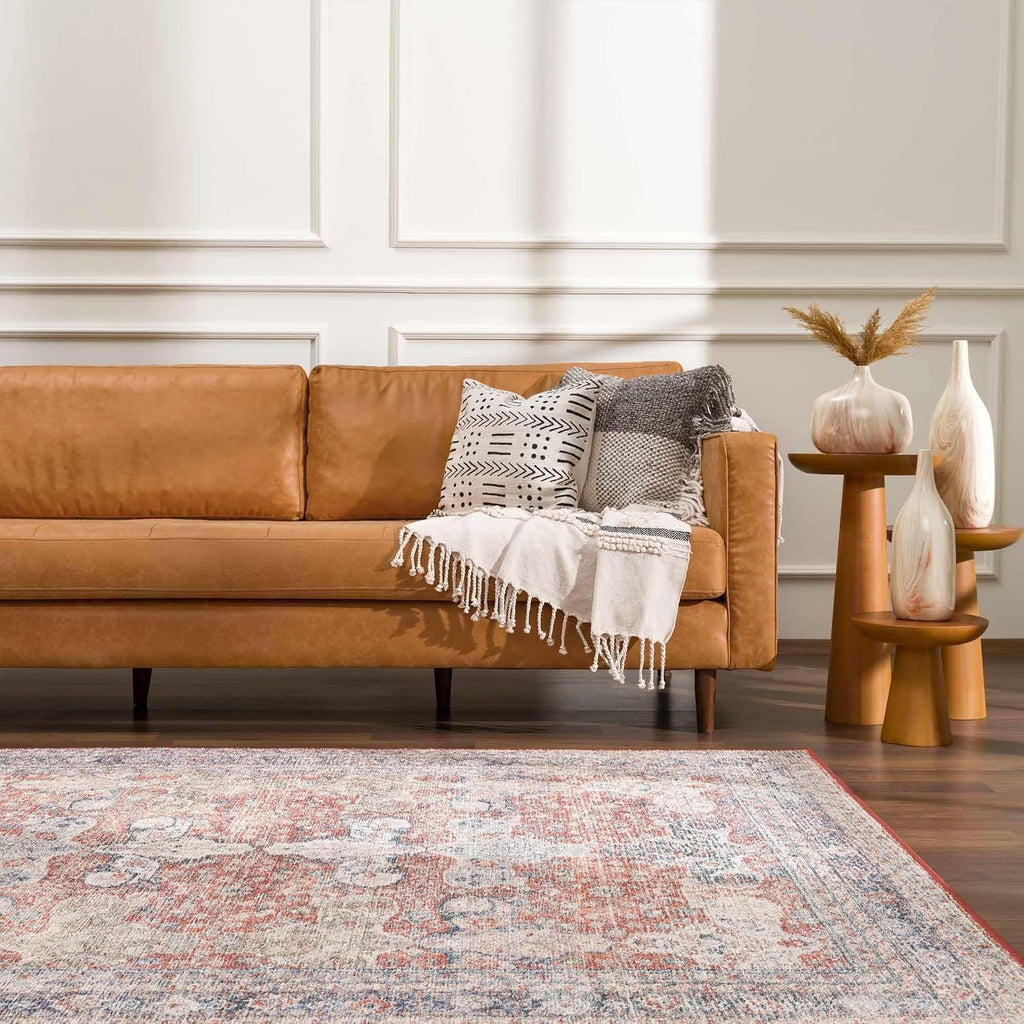 Ambre Living Room, Bedroom Machine Washable Area Rug - Floral Medallion Border Distressed Faded - Oriental