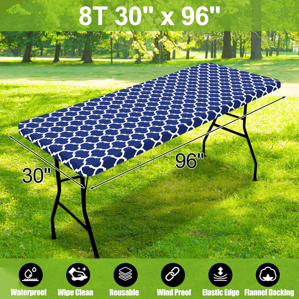 Picnic Fitted Table Cover, 8 Foot Flannel Backed Vinyl Tablecloth